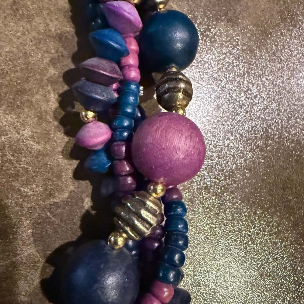 Vintage 1980s Multi-Strand Wooden Bead Necklace Purple Blue Gold Tone Boho Chunk